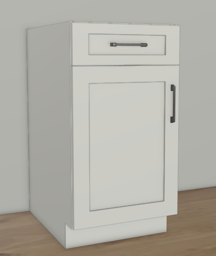 Full-access frameless cabinet — Mozaik render showing slab door, full-width drawer, no face frame